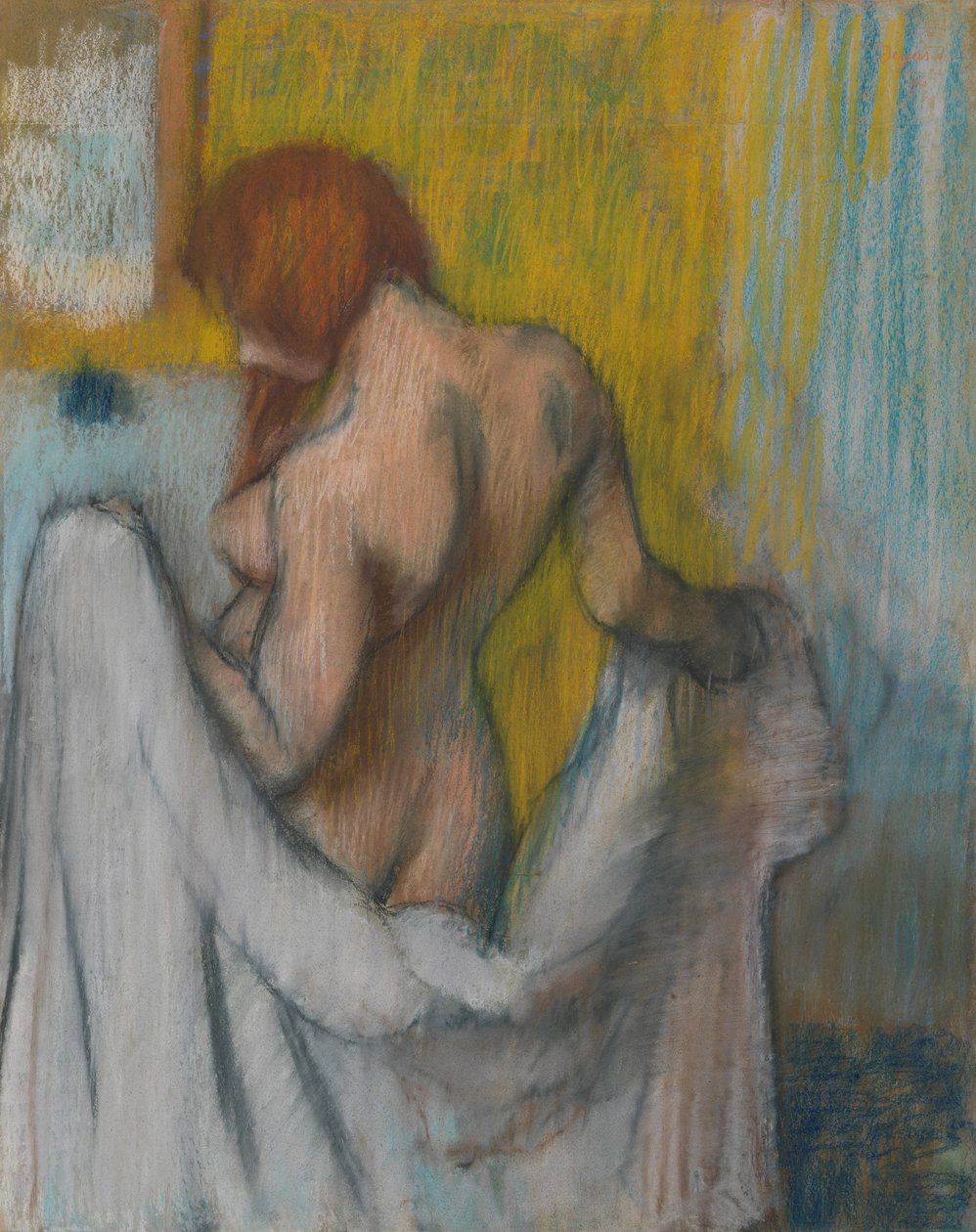 Havlulu Kadın, 1894 veya 1898 (krem renkli dokuma kağıt üzerine kırmızı ve mavi lifli pastel) by Edgar Degas