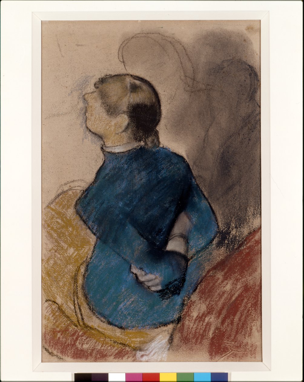 Mavili Genç Kadın (devetüyü kağıt üzerine karakalem üzerine pastel) by Edgar Degas