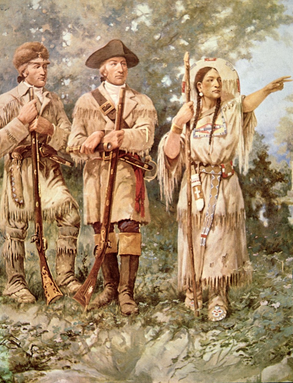 Lewis ve Clark, Sacagawea ile (renkli taş) (detay) by Edgar Samuel Paxson