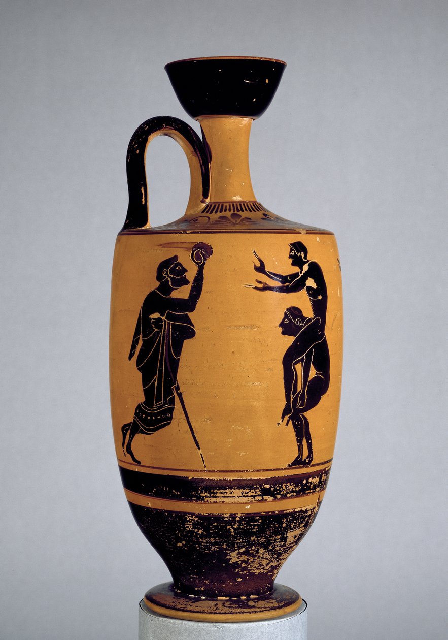 Bir gence top atan yaşlı bir adamla süslenmiş tavan arası siyah figürlü lekythos, MÖ 500 dolayları (seramik) by Edinburgh Painter