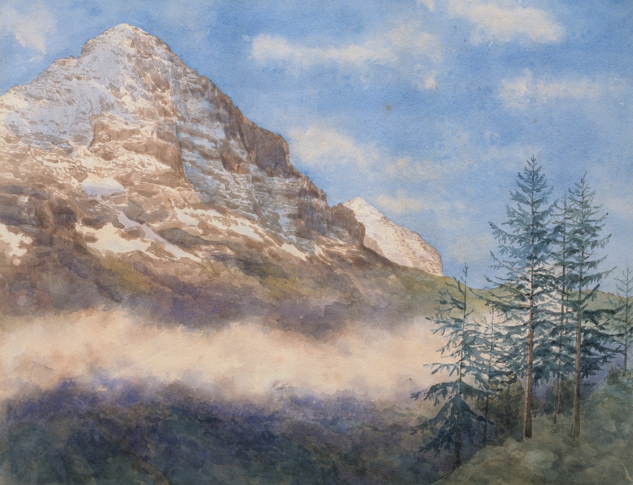 Eiger ve Schneehorn (kağıt üzerine guaj ile sulu boya) by Edith A. Paine