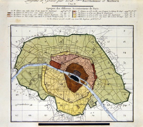 Tarih boyunca şehre yapılan farklı eklemeleri gösteren Atlas du Plan General de la Ville de Paris detayı by Edme Verniquet