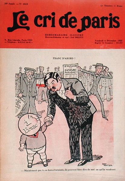 'Önce Frangı', Pierre Laval (1883-1945) ile Petit Franc, 'Le Cri de Paris' dergisinden karikatür by Edmond (1861 1943) Tapissier