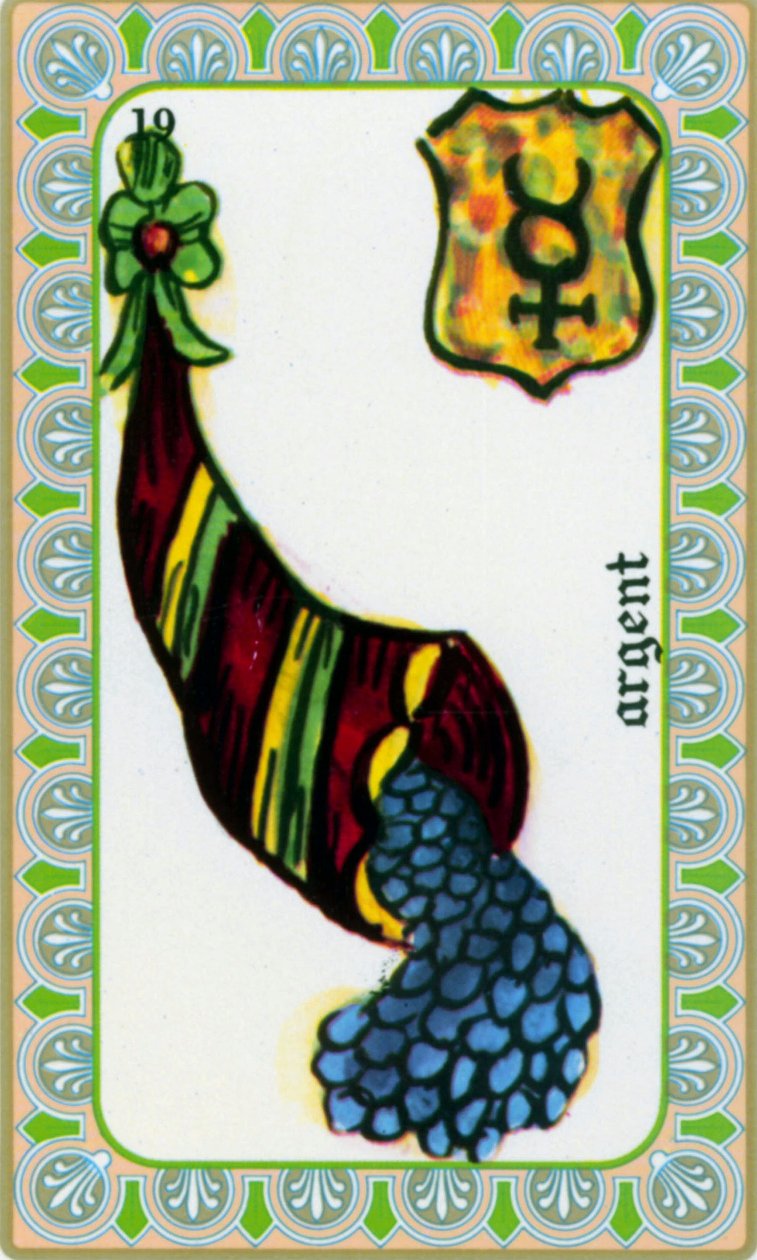 Edmond Billaudot tarafından çizilen büyücü Belline tarafından tarot c. 1845 ve kahin Belline'e yeniden yayınlanması için verildi: para kartı: bolluk boynuzundaki madeni paralar by Edmond Billaudot