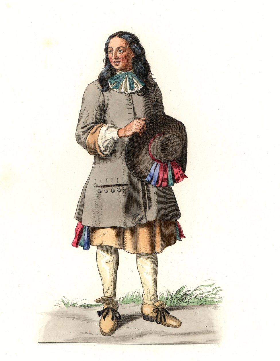 Fransız köylü 17. yüzyıl, 1679 gravürünün ardından, Jean Saint Jean - Edmond Lechevallier-Chevignard'ın (1825-1902) bir illüstrasyonunun litografisi, “Costumes historiques des 16e by Edmond Lechevallier Chevignard
