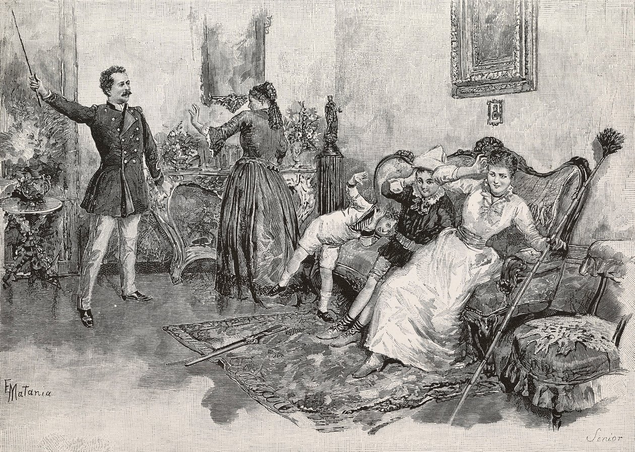 İki kadın ve iki çocuk, korkutucu adamdan korkmuş, Edoardo Matania'nın çiziminden Edmondo De Amicis'in (1846-1908) İtalya'da Askeri Yaşam kitabına yaptığı gravür, L'Illustrazione Italiana'dan, yıl 18, no 7, 15 Şubat by Edmondo de Amicis