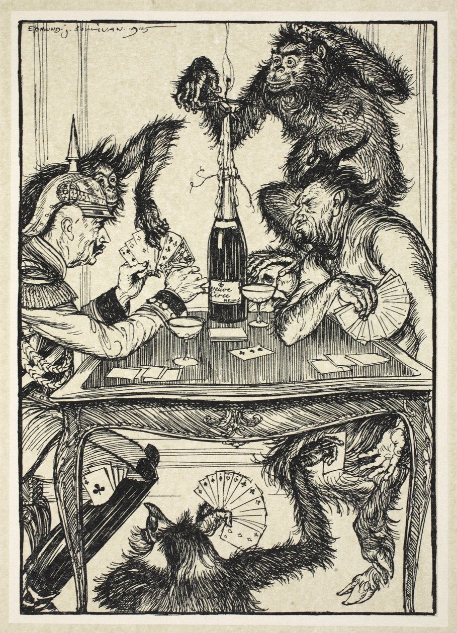 The Devil's Own Game (Masadaki Kartlar ve altı), Edmund J. Sullivan'ın The Kaiser's Garland'ından bir çizim, pub. 1916 by Edmund Joseph Sullivan