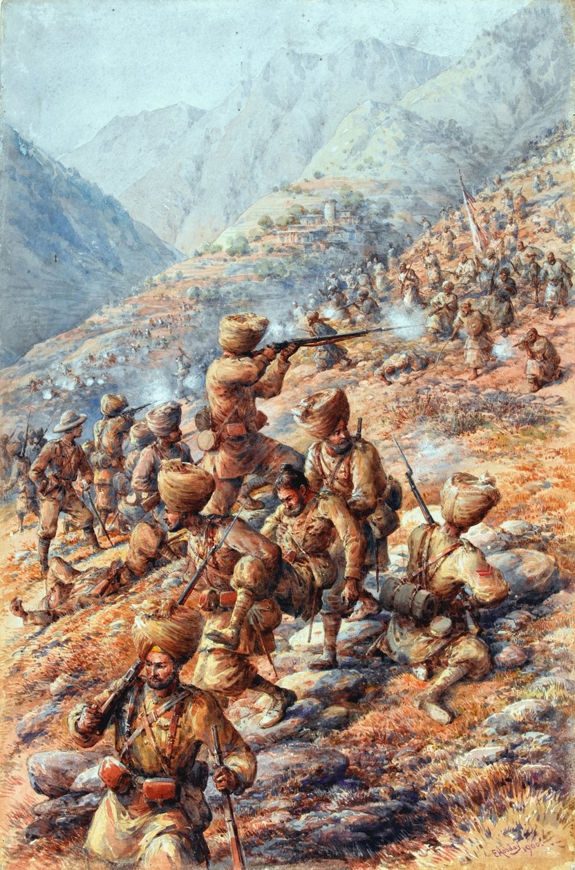 35. (Sih) Bengal Piyade Alayı, Malakand Saha Kuvvetleri, kabile üyelerinin saldırısını püskürtüyor by Edmund Arthur Ponsonby Hobday