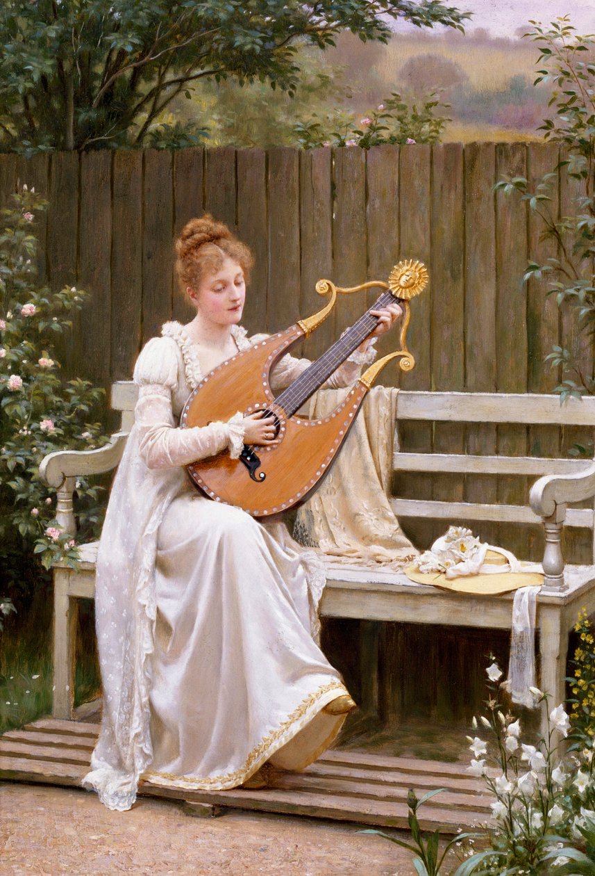 "Con Amore" Lir çalan genç kadın. Edward Blair Leighton (1853-1922) tarafından yapılmıştır. 1895 by Edmund Blair Leighton