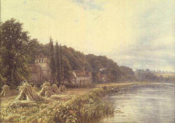 Balık tutma figürleriyle Riverside Köyü by Edmund George Warren