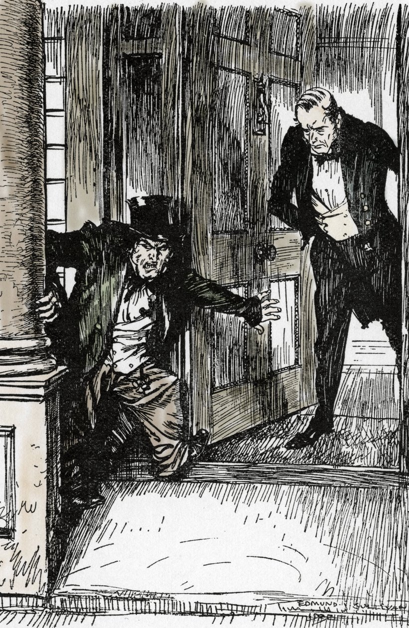 Dr Lanyon kapısını açar ve Bay Hyde vetus'un çok büyük giysiler olduğunu keşfeder, Robert Louis Stevenson'ın (1850-1894) L'Etrange Cas du dr Jekyll et de Mr Hyde” romanı için Edmund Joseph Sullivan'ın (1869-1933) çizimi 1927 (Dr Lanyon kapı by Edmund Joseph Sullivan