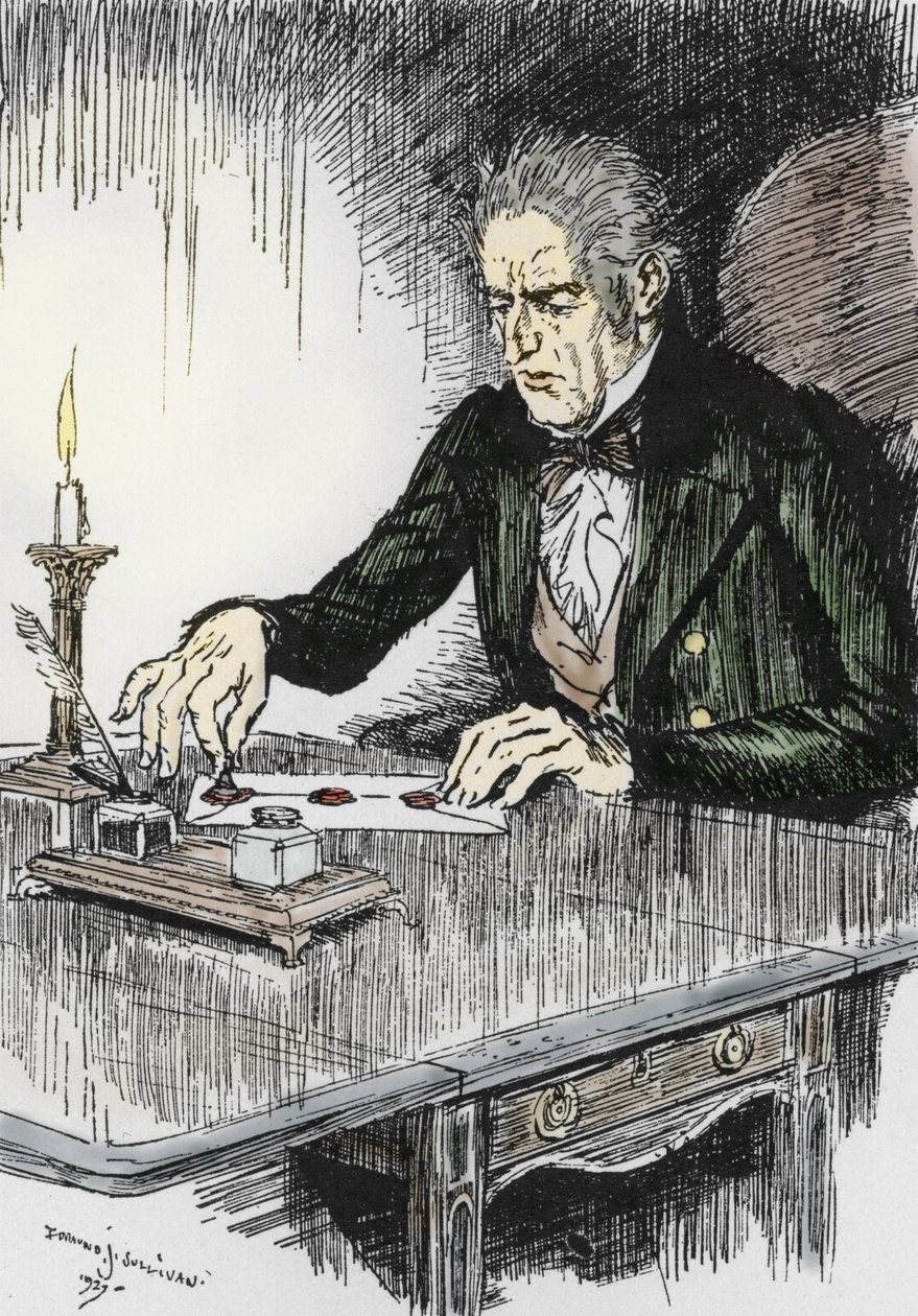 Dr jekyll, katil Bay Hyde olduğunu itiraf ettiği mektubu kapatıyor, Robert Louis Stevenson'ın (1850-1894) yazdığı L'Etrange Cas du dr Jekyll et de Mr Hyde” romanı için Edmund Joseph Sullivan'ın (1869-1933) çizimi, 1927 (Dr Jekyll, by Edmund Joseph Sullivan