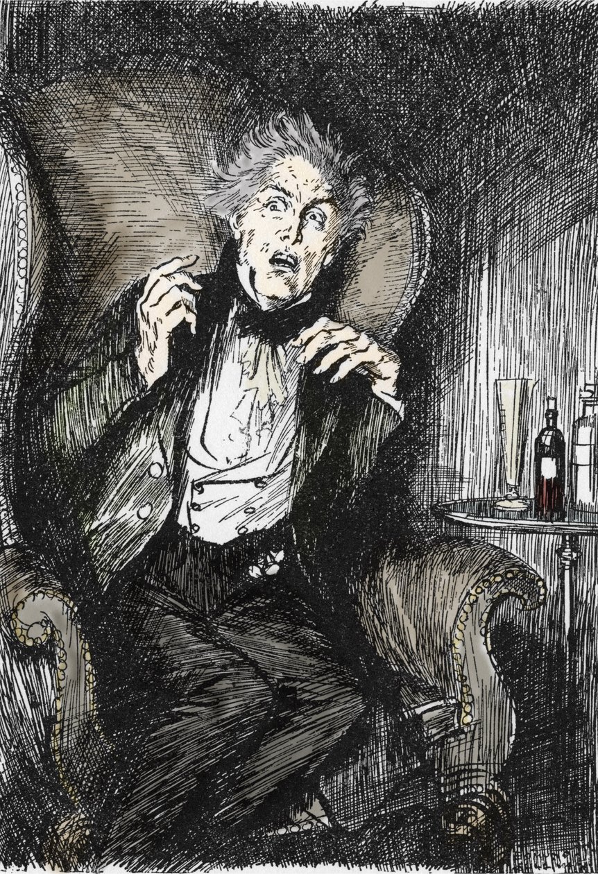 Dr jekyll, Utterson ve Enfield ile yaptığı konuşma sırasında dehşet içinde, Robert Louis Stevenson'ın (1850-1894) yazdığı L'Etrange Cas du dr Jekyll et de Mr Hyde” adlı romanı için Edmund Joseph Sullivan'ın (1869-1933) çizimi, 1927 (An) böylesi by Edmund Joseph Sullivan