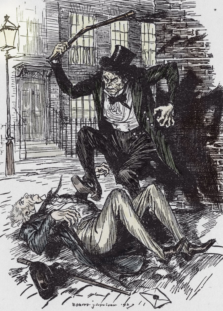 Bay Hyde suikastçısı Sir Danvers Carew, Edmund Joseph Sullivan'ın (1869-1933) L'Etrange Cas du dr Jekyll et de Mr Hyde” adlı romanı için İllüstrasyon, Robert Louis Stevenson (1850-1894) 1927 (Bay Hyde sopayla Sir Danvers Carew'e ölüm “” ae benz by Edmund Joseph Sullivan