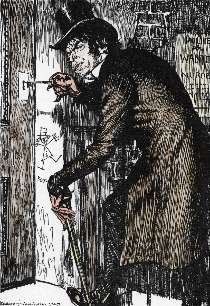 Bay Hyde, maceralarla dolu bir gecenin ardından panzehiri almak ve Robert Louis'in L'Etrange Cas du dr Jekyll et de Mr Hyde” adlı romanı için Edmund Joseph Sullivan'ın (1869-1933) çizdiği Dr Jekyll görünümüne devam etmek için eve döner. Stevens by Edmund Joseph Sullivan