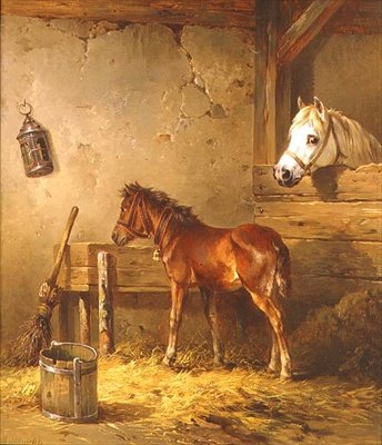 Ahırda Kısrak ve Tay (tuval üzerine yağlı boya) by Edmund Mahlknecht