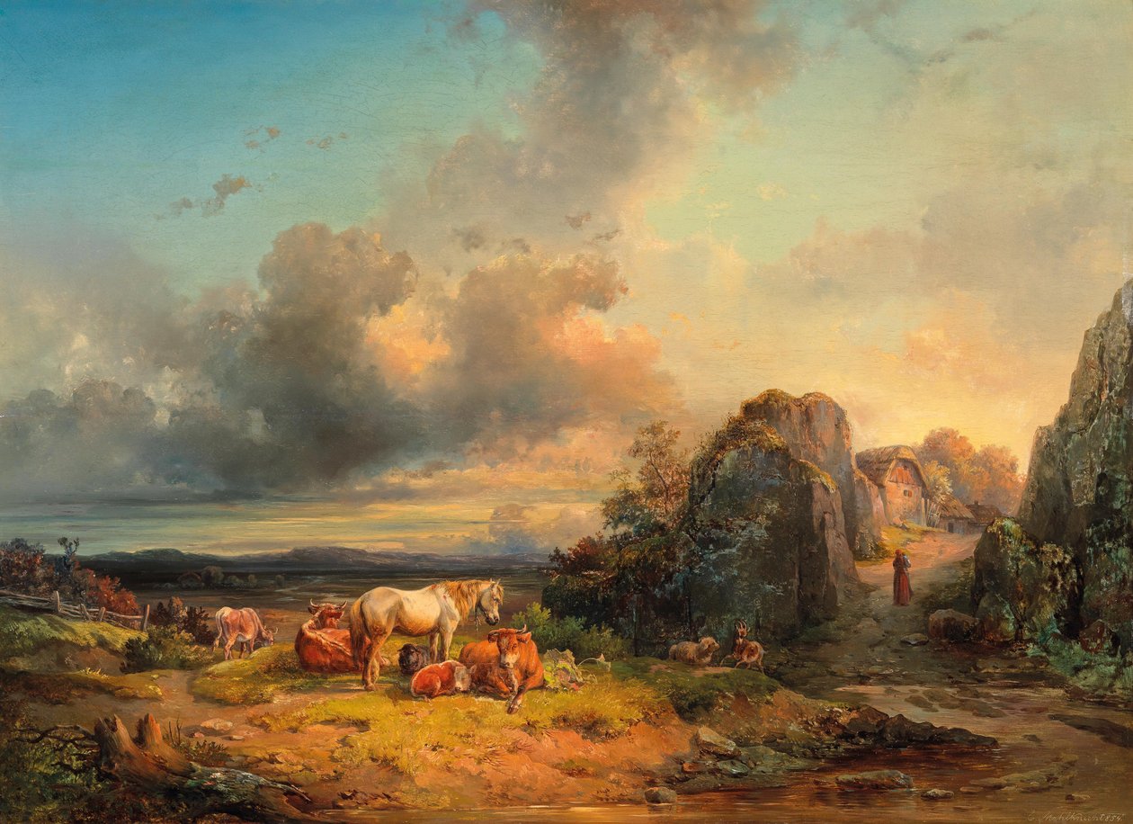 Geniş bir manzara önünde hayvan sürüsü ve figürlü aksesuarlar by Edmund Mahlknecht
