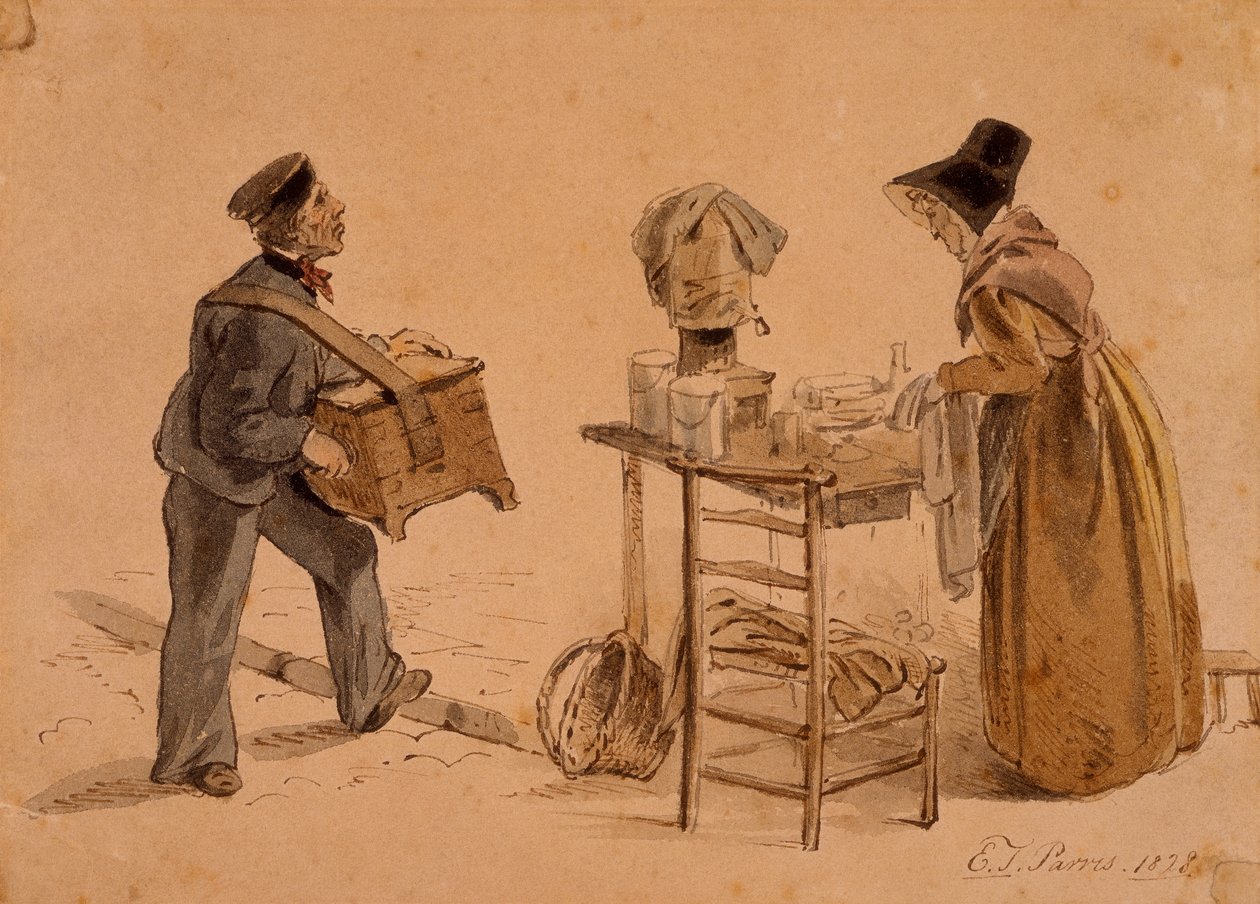 Bir namlu organı ve bir kahve satıcısı olan bir adam, 1828 by Edmund Thomas Parris