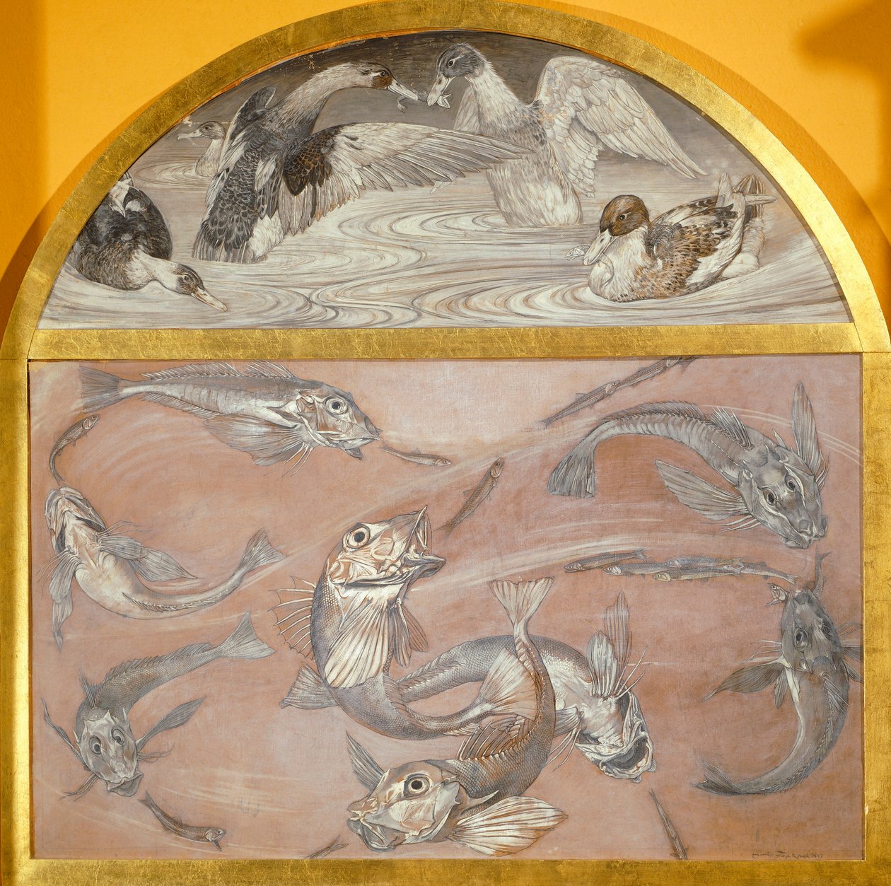 Havuzda balık ve ördekler ile iki parçalı resim (kartta tempera,) by Edoardo Gioja
