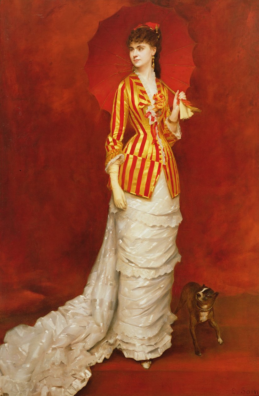 Şemsiyeli çizgili ceketli bir bayanın portresi by Edouard Alexandre Sain