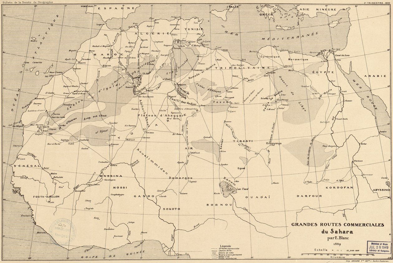 Fransız kaşif Edouard Blanc tarafından Sahra-ötesi ticaret yollarının 1889 haritası by Edouard Blanc