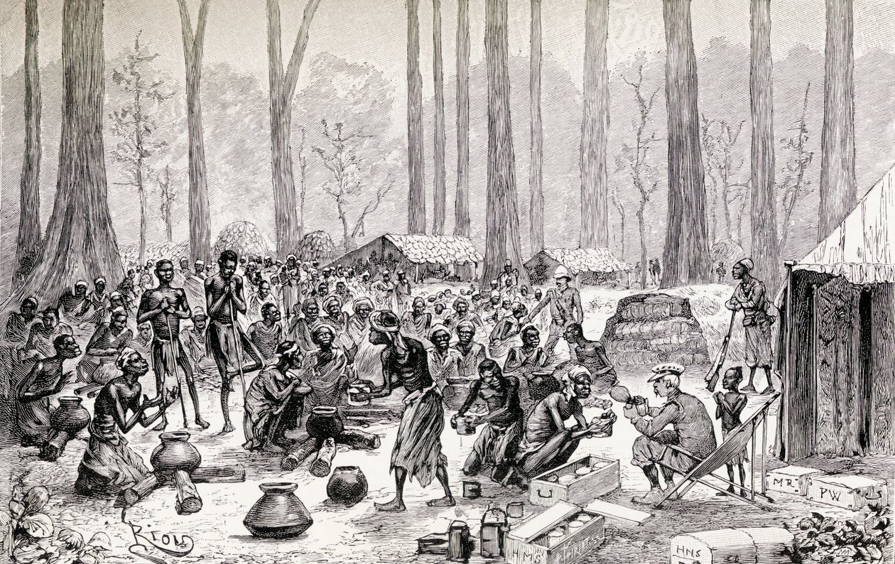Açlıktan ölmek üzere olan Pigme yerlilerine et suyu için süt ve tereyağı sunan izciler, 1890 (ahşap gravürü) by Edouard Riou