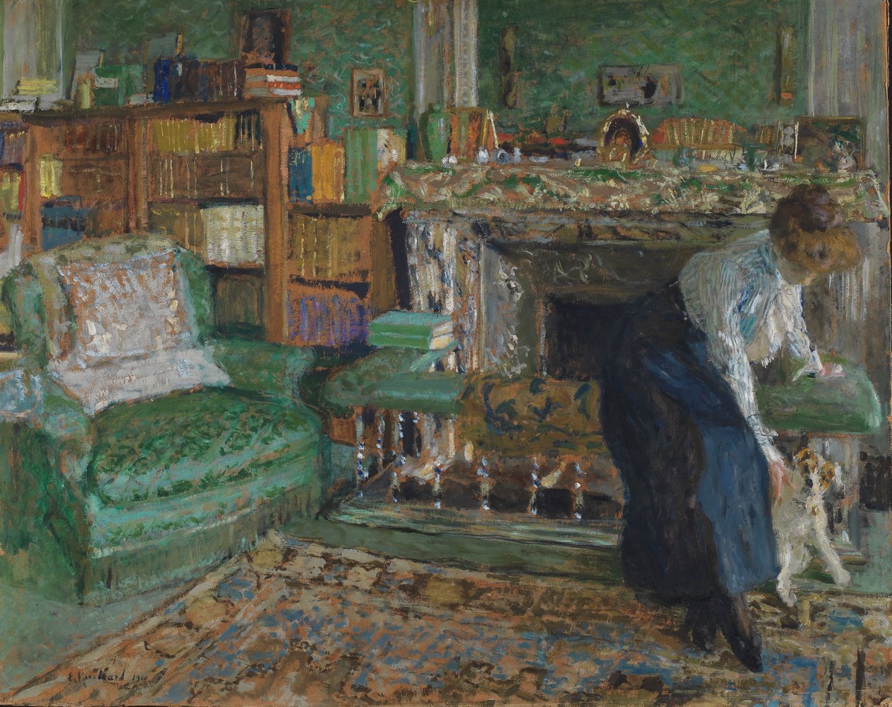 Marguerite Chapin, evinde köpeğiyle birlikte, 1910 (değirmen tahtasında yağ) by Edouard Vuillard