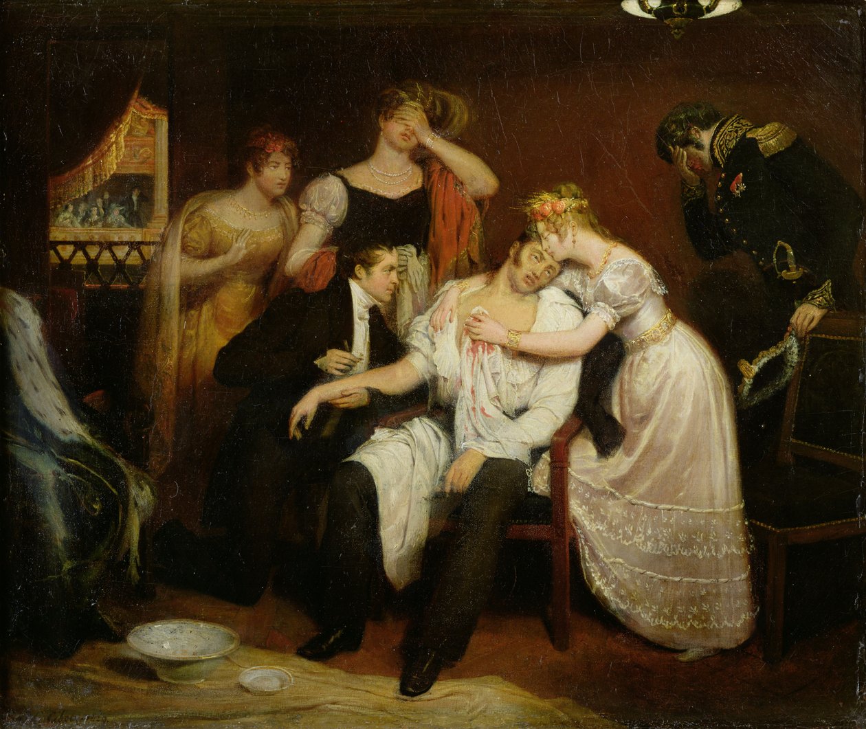 Charles-Ferdinand de France (1778-1820), Louis Louvel tarafından bıçaklandıktan sonra Rue de Richelieu'daki operada kutusunda by Edouard (1799 1877) Cibot