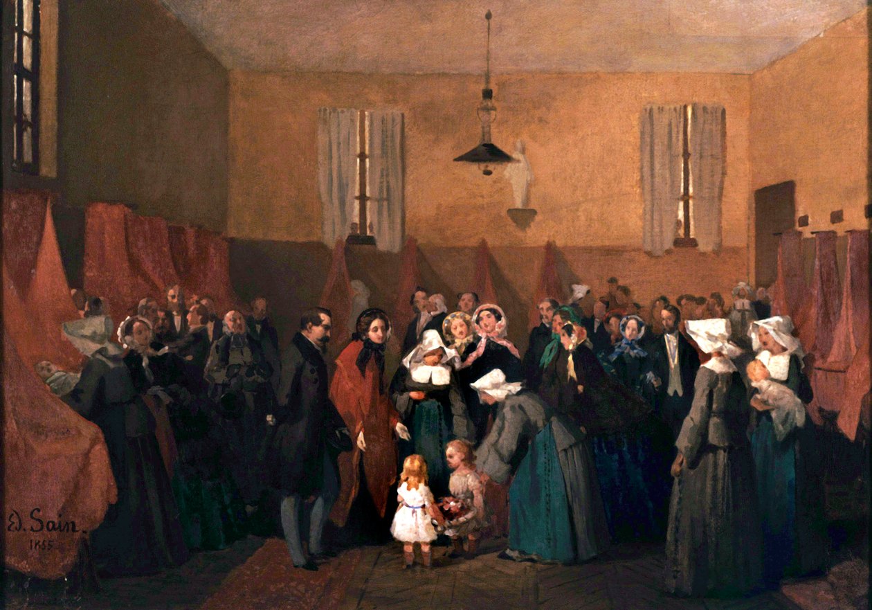 Napolyon III ve Eugenia'nın Rahibe Rosalie'nin kreşini ziyareti by Edouard Alexandre Sain