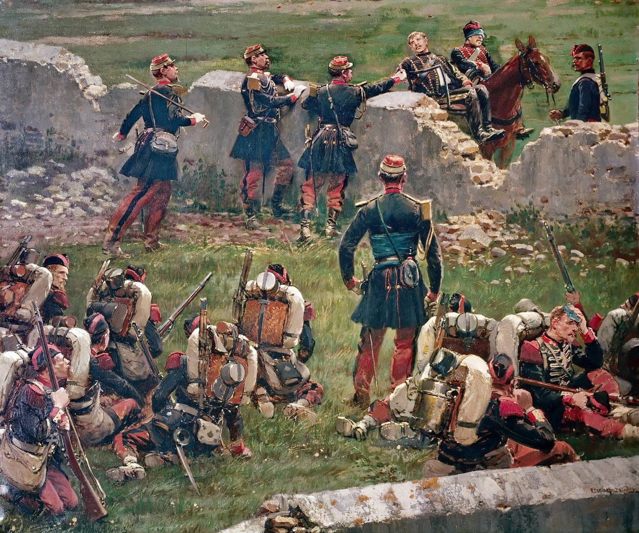 Rezonville Gravelotte savaşının akşamı. İmparatorluk Muhafızlarının El Bombası dinleniyor, 16 Agustos by Jean Baptiste Edouard Detaille