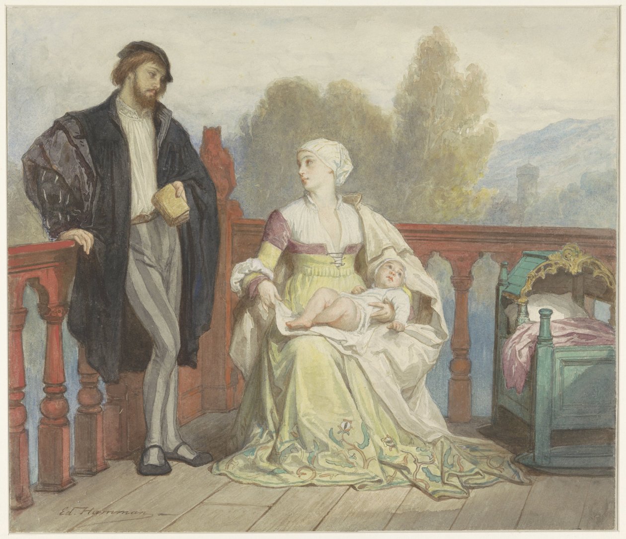 Francesca di Rimini ve Paolo di Polenta bir balkonda kibarca bir araya geldi by Edouard Hamman