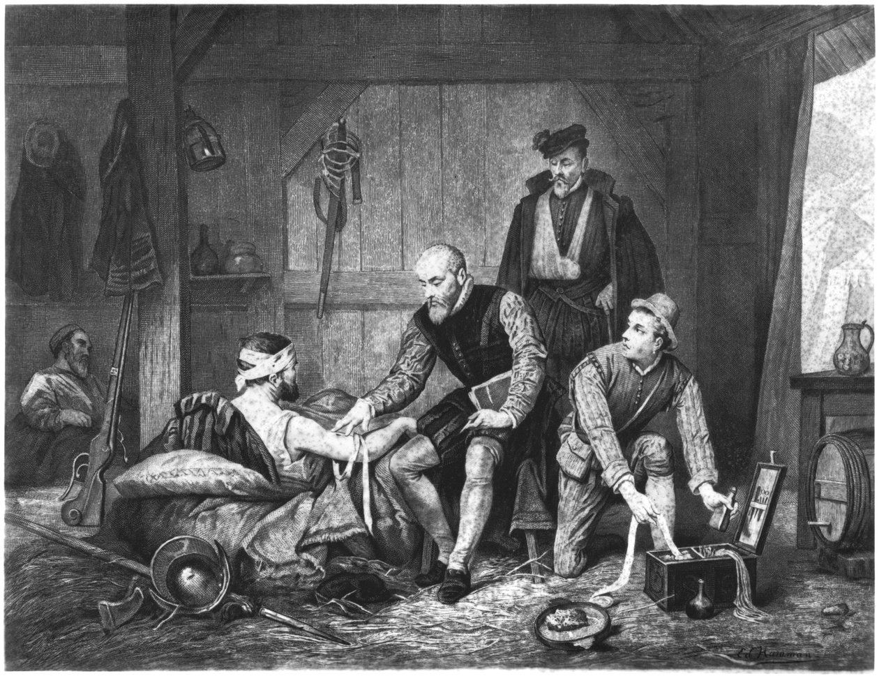 Ambroise Pare yaralı askerleri tedavi ediyor by Edouard Jean Conrad Hamman