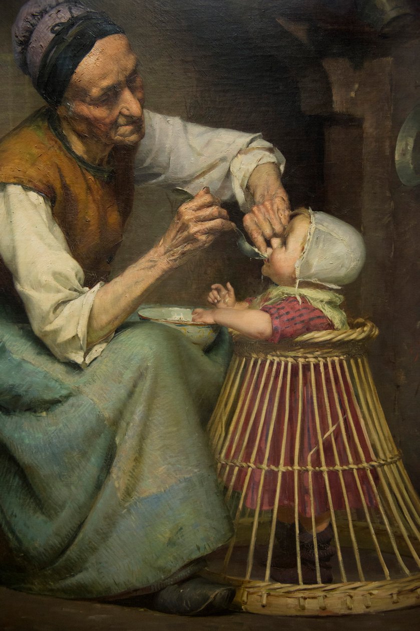 Yaşlı bir kadın, hasır bir yürüteçte tutulan torununu besliyor, Edouard Jerome Paupion by Edouard Jerome Paupion
