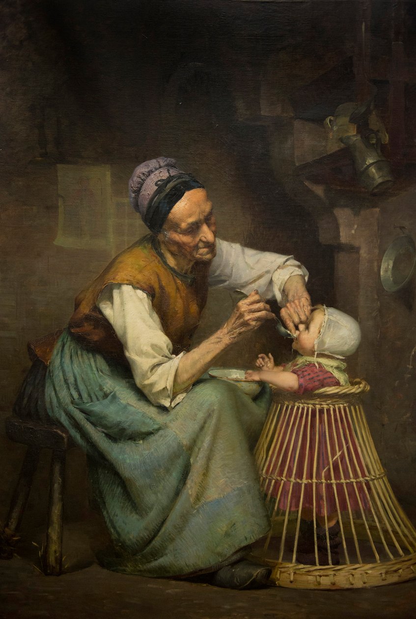Yaşlı bir kadın, hasır bir yürüteçte tutulan torununu besliyor, Edouard Jerome Paupion by Edouard Jerome Paupion