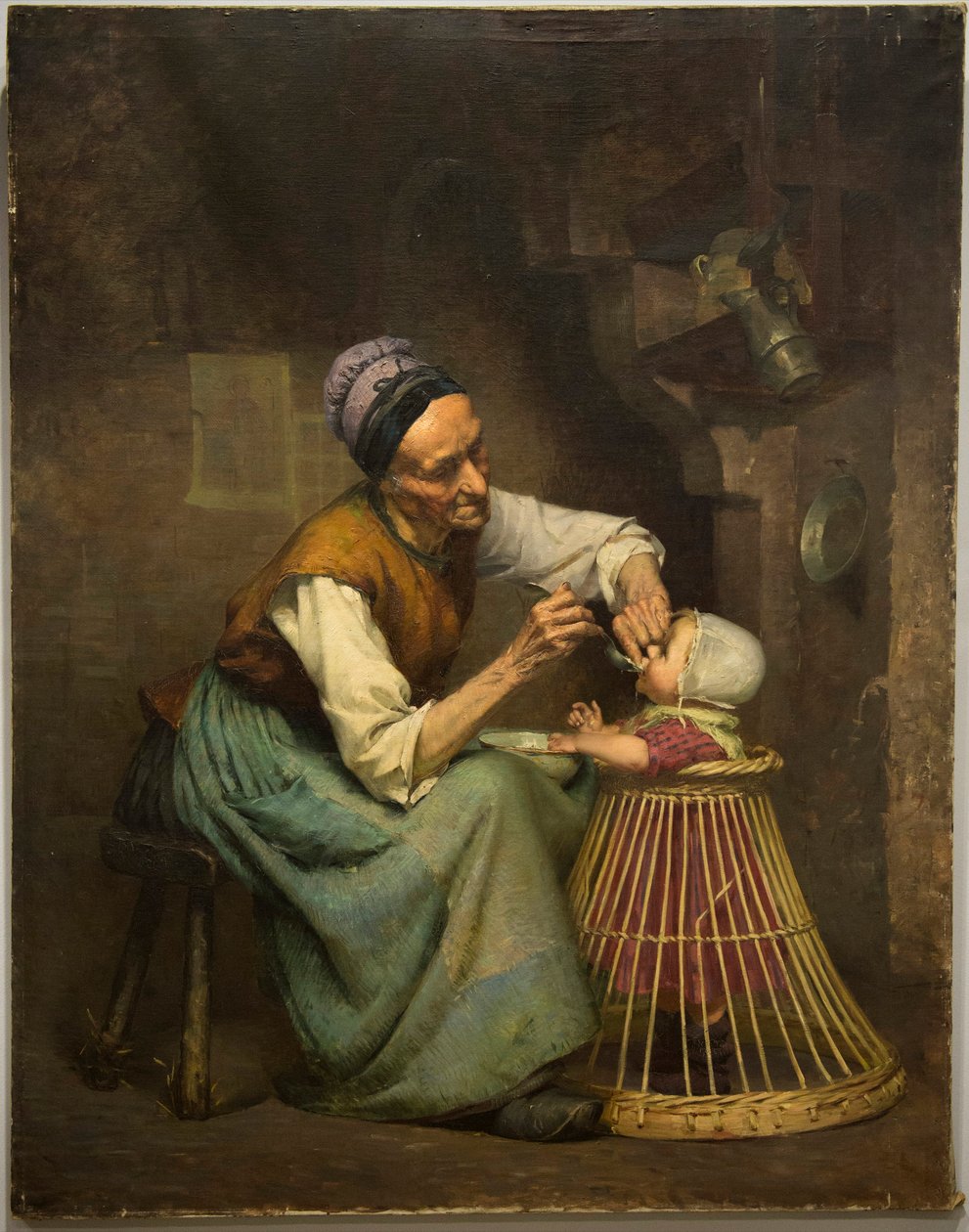 Yaşlı bir kadın, hasır bir yürüteçte tutulan torununu besliyor, Edouard Jerome Paupion by Edouard Jerome Paupion