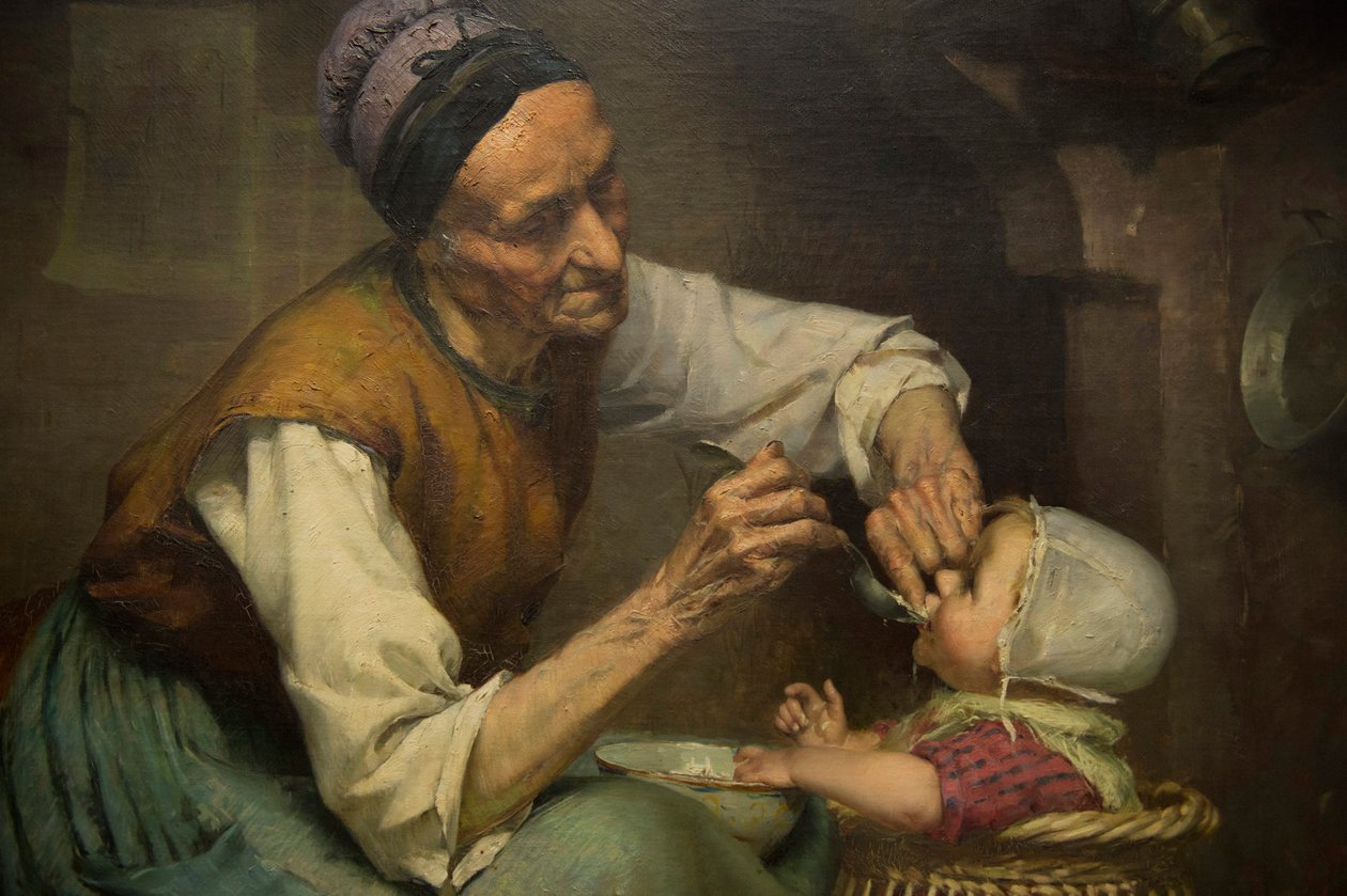 Yaşlı bir kadın, hasır bir yürüteçte tutulan torununu besliyor, Edouard Jerome Paupion by Edouard Jerome Paupion