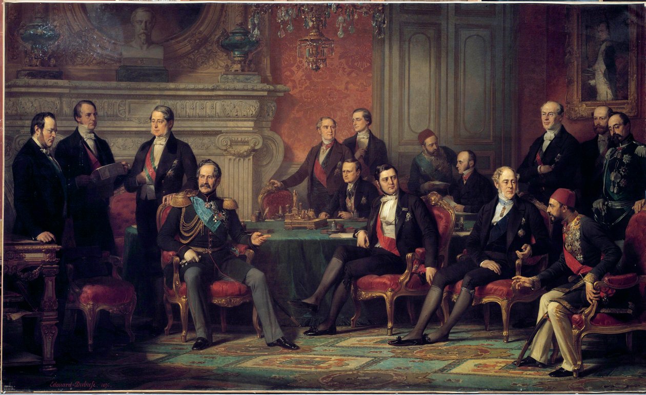 25 Şubat - 30 Mart 1856 tarihleri arasında Paris Kongresi, Kırım Savaşı'nın sonunda, III. Napolyon tarafından Avrupa Devletlerinin Dışişleri Bakanları ile bir araya geldi. Edouard Louis Dubufe'nin (1820-1883) tablosu. 1856 Güneş. 3,08 x 5,10 m by Edouard Louis Dubufe