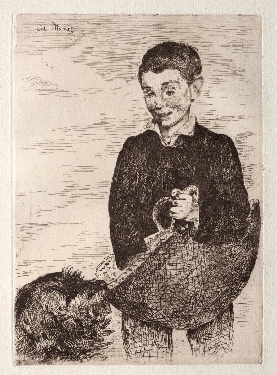Köpekli çocuk, alışveriş çantasıyla by Édouard Manet