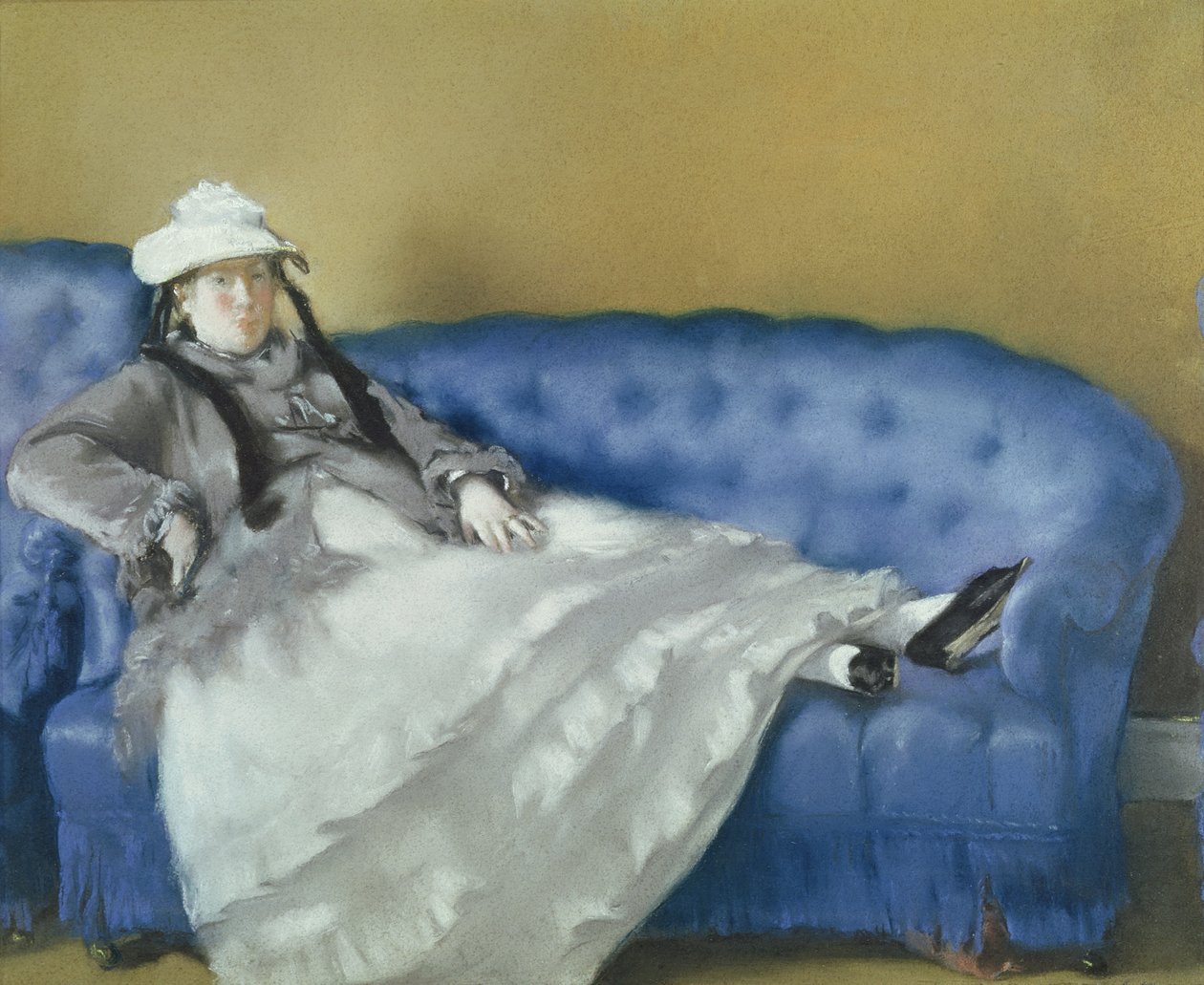 Madam Manet Mavi Kanepede, 1874 (kağıt üzerinde pastel) by Édouard Manet