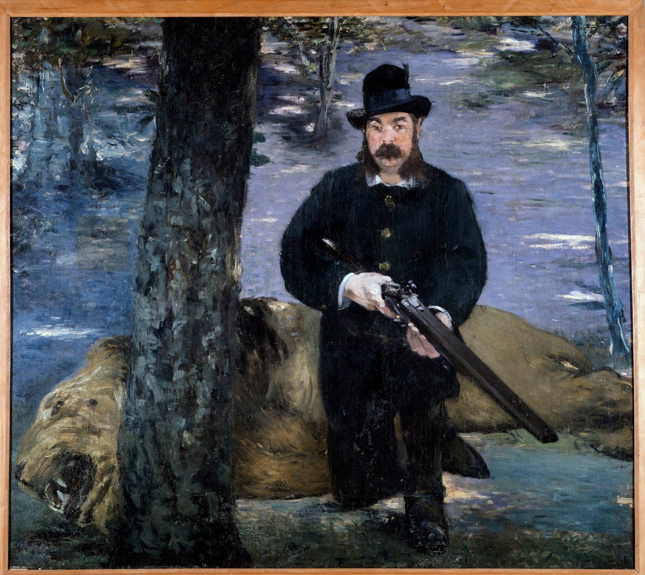 Mösyö Pertuiset Av ganimeti bir aslanın yanında poz veren bir avcı. Edouard Manet