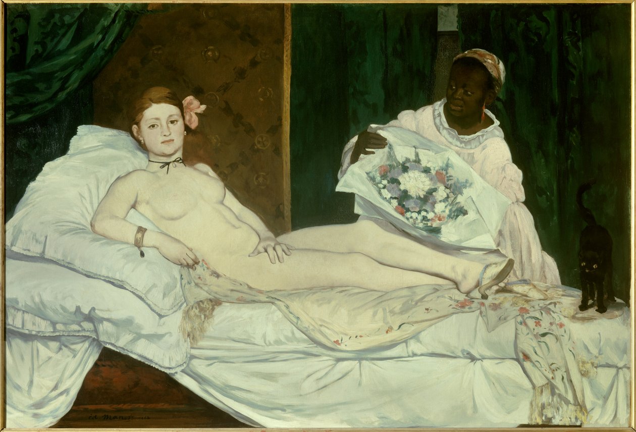 Olympia Genç kadın siyah hizmetçisi ile bir yatakta çıplak bir buket çiçek getiriyor. Edouard Manet (1832-1883) 1863 Güneş