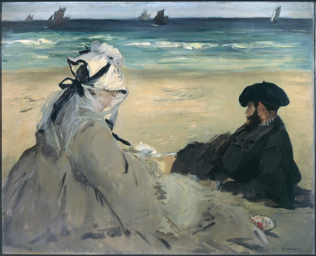 Kumsalda. Madam Edouard Manet (1830-1906) ve Eugene Manet (1833-1892), Berck-sur-Mer