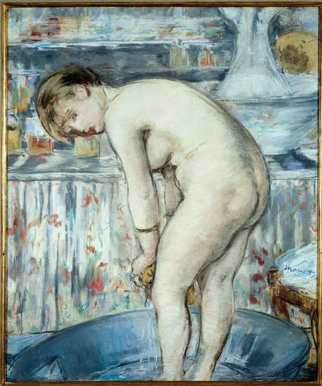 Küvet veya Küvetteki Kadın. Ayakları leğende olan bir kadın tuvaletini yapıyor. Edouard Manet