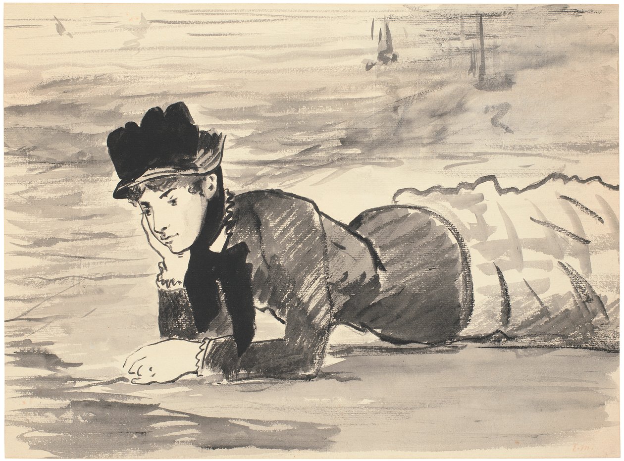 Sahilde yatan kadın. Annabel Lee, c. 1881 (siyah tebeşir üzerine fırça, gri ve siyah mürekkep; kalem ve siyahımsı kahverengi mürekkeple çerçevelenmiş) by Édouard Manet