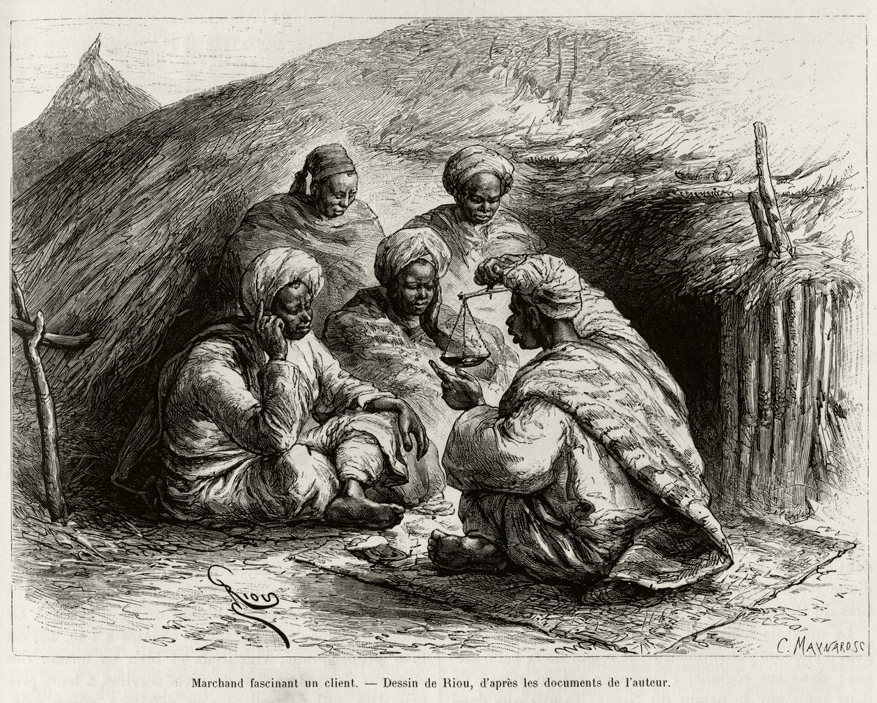 Bir müşteriyi büyüleyen bir tüccar, yerde, küçük bir hasırda otururken, elinde bir terazi tutuyor. Kaptan Louis Gustave Binger (1856-1936), 1887-1889