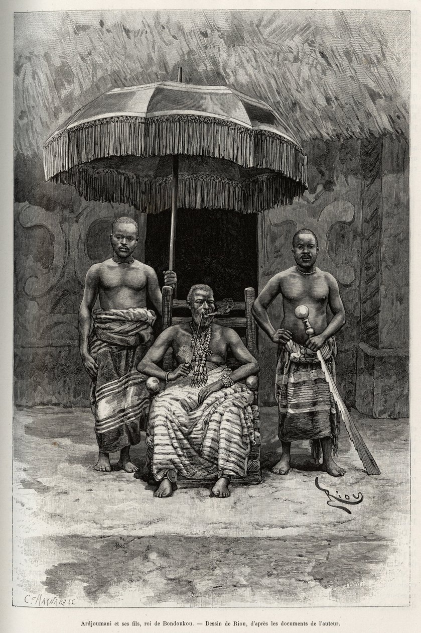 Ardjoumani (ö. 1892) ve oğulları, Bondoukou (Fildişi Sahili) kralı. Riou tarafından gravür, Kaptan Louis Gustave Binger