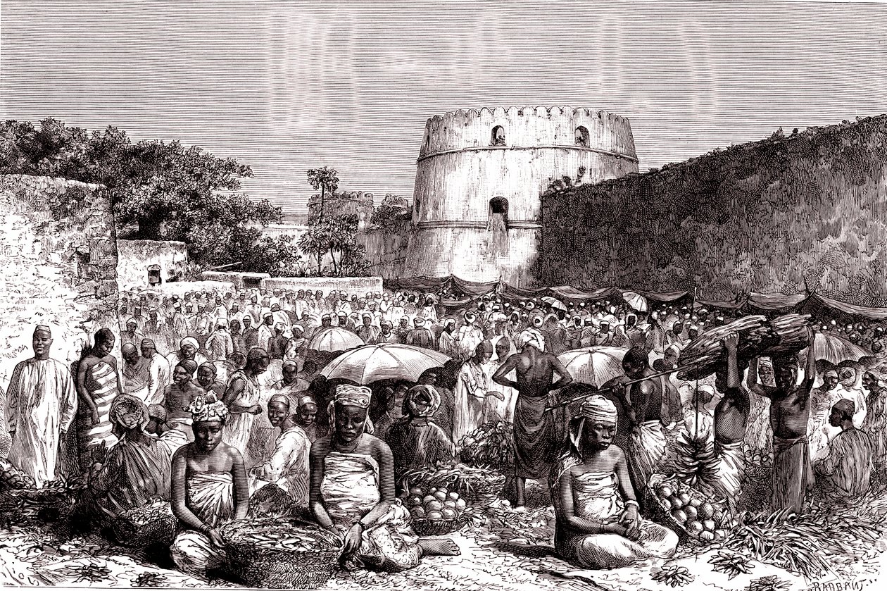 Zanzibar'da meyve pazarı by Edouard Riou