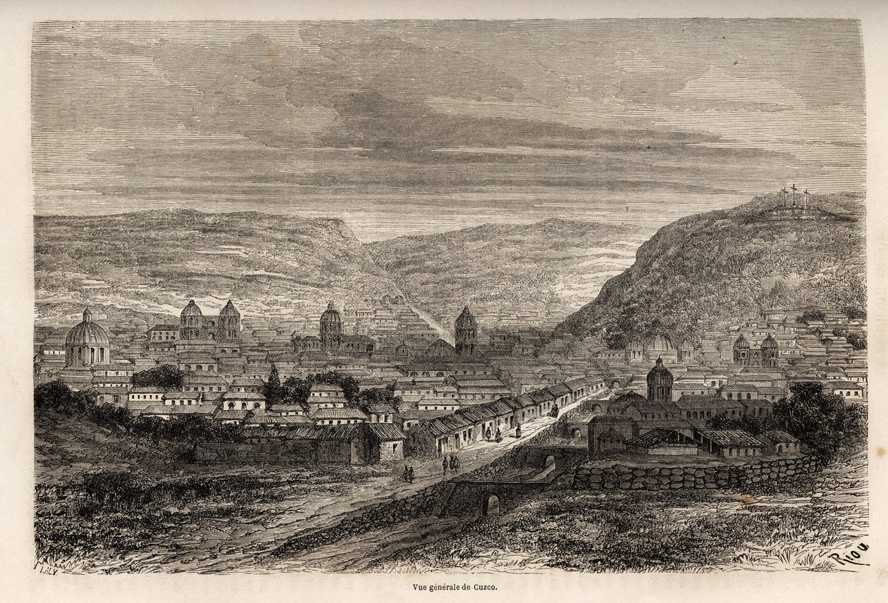 Cusco veya Cusco'nun genel görünümü, İnkaların eski başkenti, Paul Marcoy'nin 1848'den 1860'a kadar Güney Amerika'daki yolculuğunu göstermek için Riou'nun çizimi. by Edouard Riou