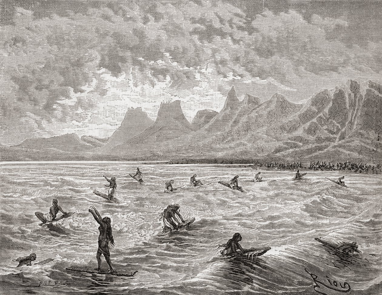 Sörf yapan Hawaiililer, Charles Barbant (d.1922) tarafından kazınmış 