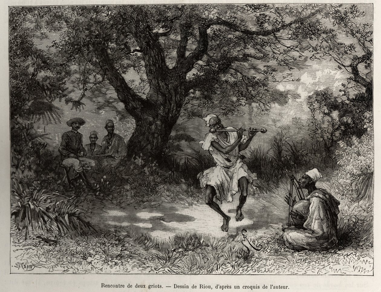 İki griotla tanışın, Kaptan Binger, gölgede oturuyor, gösterinin tadını çıkarıyor. Riou tarafından gravür, Kaptan Louis Gustave Binger